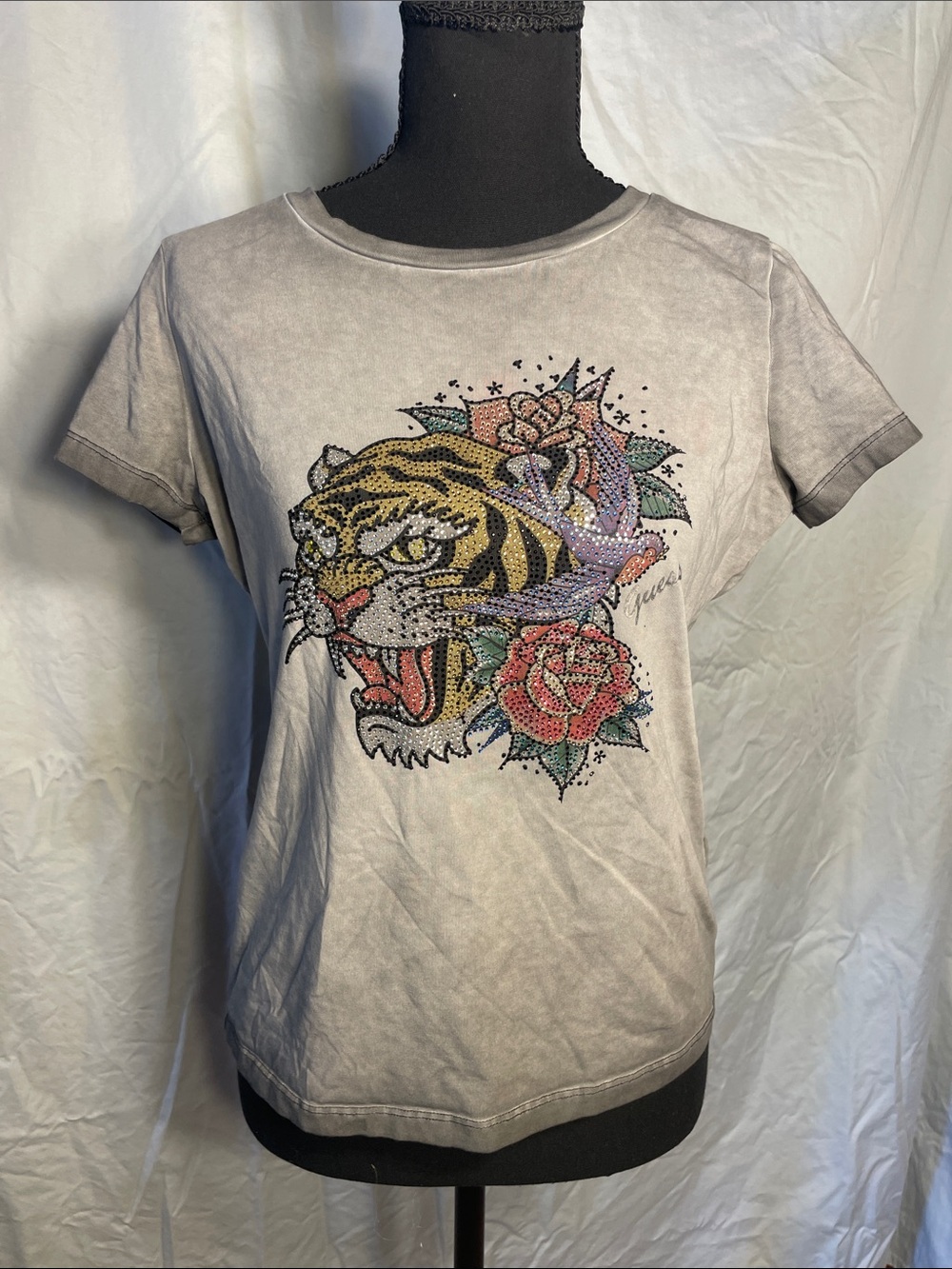 Guess Gray Graphic Tiger Tee with Floral Rhinestones